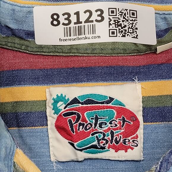 Vintage MOD Striped Denim Button Shirt Medium 22x29 Baggy Vertical-Stripes - Picture 7 of 13